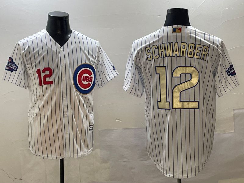 Men Chicago Cubs #12 Schwarber White Stripe Gold Game 2025 Nike MLB Jersey style 1